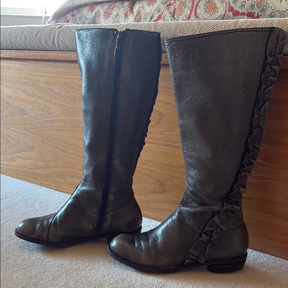 Anthropologie Gray leather Boots with Ruffle Accent